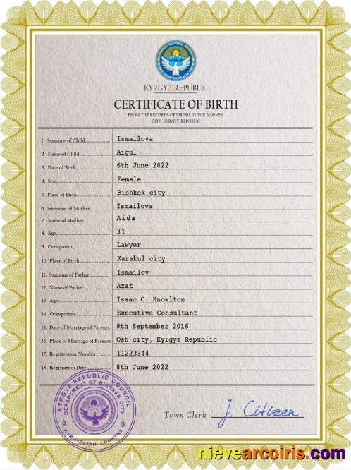 Kyrgyzstan vital record birth certificate